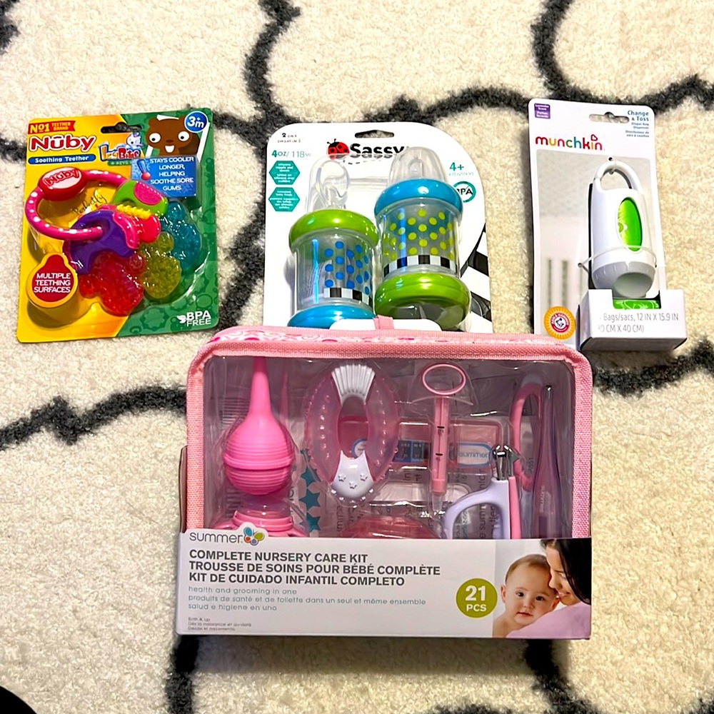Baby Bundle - Grooming/Nursery Kit, Cereal Bottles, Teether, Bag Dispenser. NWT